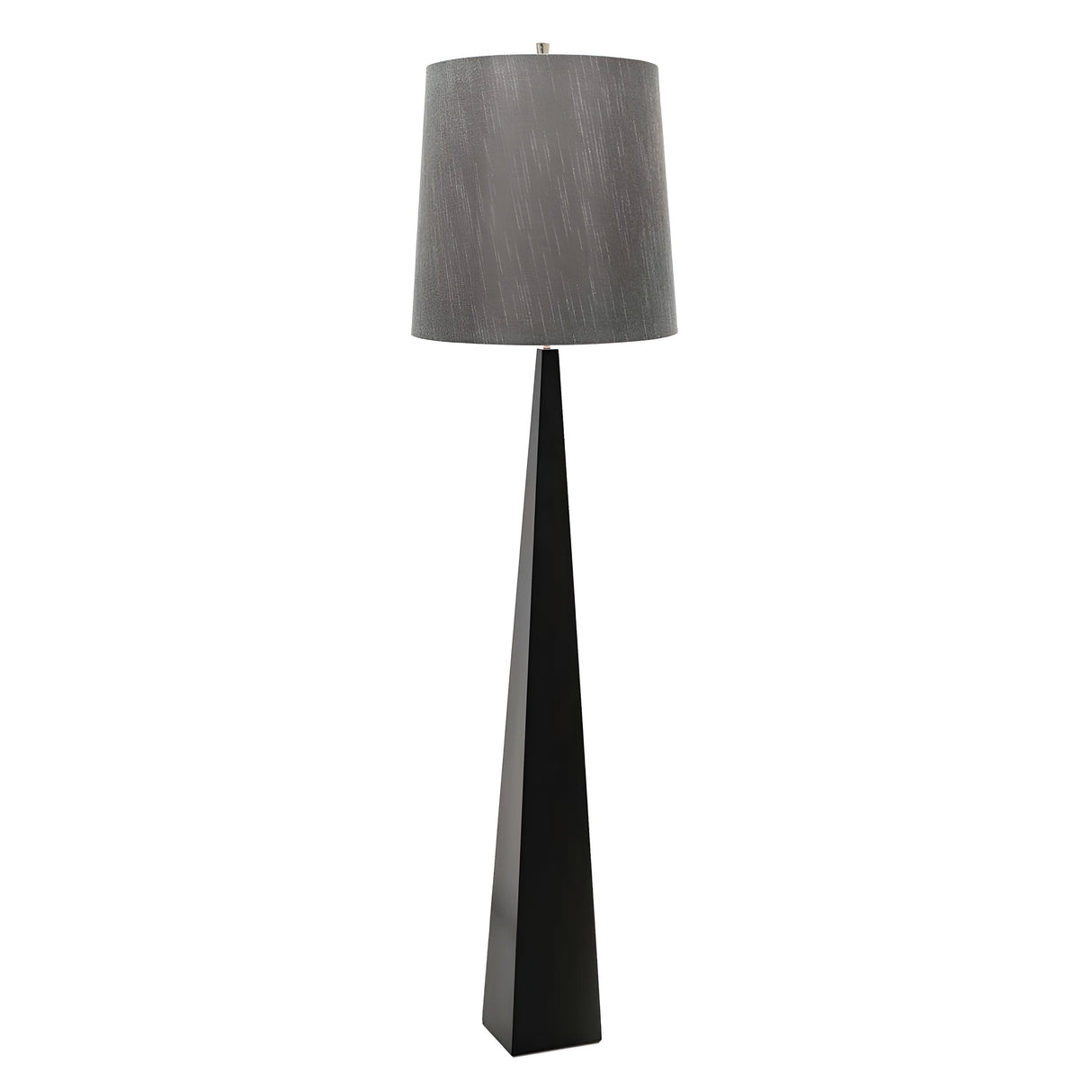Introducing the Ascent Floor Lamp With Dark Grey Shade - Black, which showcases a tall, triangular black base paired with a cylindrical dark gray lampshade. Its sleek, modern design seamlessly complements a variety of home decor styles.