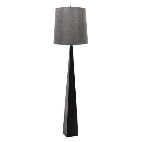 Introducing the Ascent Floor Lamp With Dark Grey Shade - Black, which showcases a tall, triangular black base paired with a cylindrical dark gray lampshade. Its sleek, modern design seamlessly complements a variety of home decor styles.