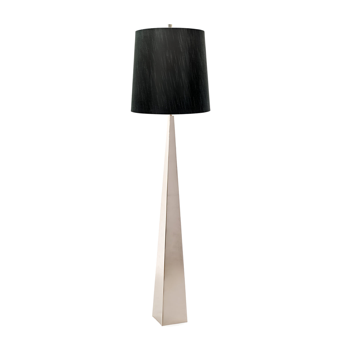 Introducing the Ascent Floor Lamp With Black Shade - Polished Nickel, featuring a sleek, angular silver base with a polished nickel finish and a bold black cylindrical shade. This modern piece adds elegance and sophistication to any space.