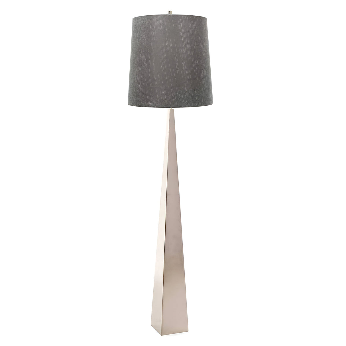The Ascent Floor Lamp with Dark Grey Shade - Polished Nickel showcases a sleek, modern design with its tall, polished nickel base and cylindrical dark grey shade, bringing contemporary elegance to any room.