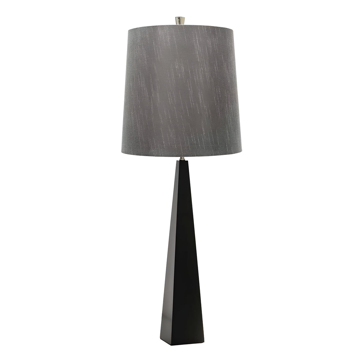 The Ascent Table Lamp - Black features a tall black triangular base paired with a subtly textured cylindrical gray lampshade, making its minimalist design ideal for contemporary spaces.