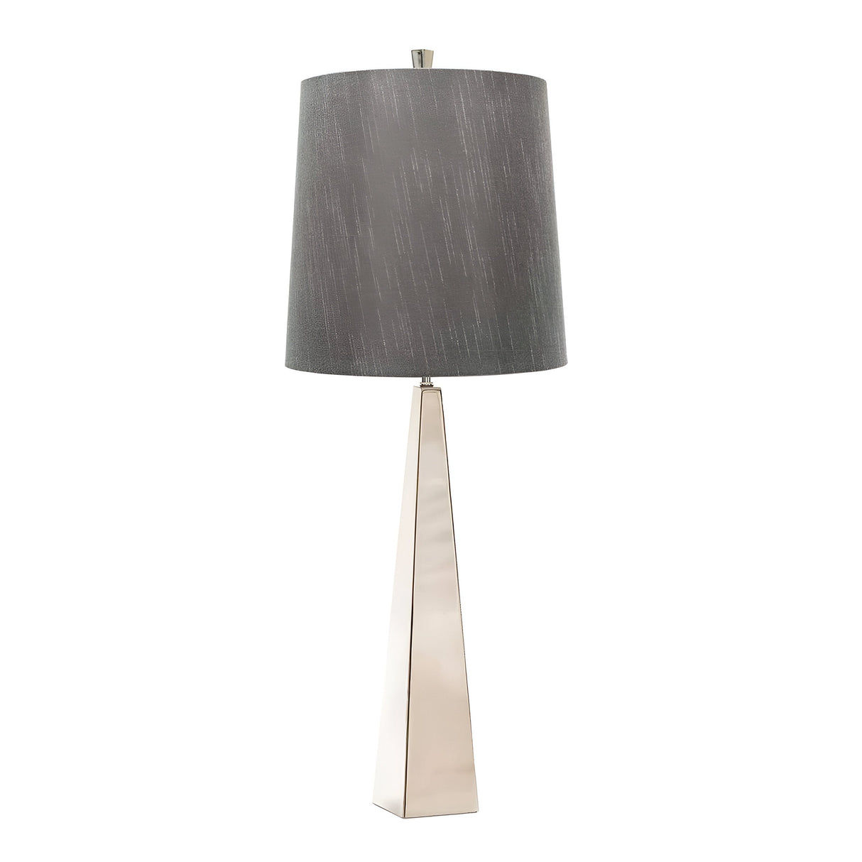 Introducing the Ascent Table Lamp With Dark Grey Shade - Polished Nickel, boasting a sophisticated tapered metallic base with a polished nickel finish and a textured dark gray drum shade, effortlessly blending with a range of interior styles.