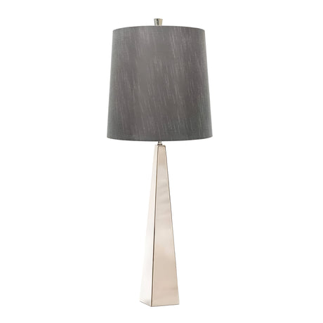 Introducing the Ascent Table Lamp With Dark Grey Shade - Polished Nickel, boasting a sophisticated tapered metallic base with a polished nickel finish and a textured dark gray drum shade, effortlessly blending with a range of interior styles.