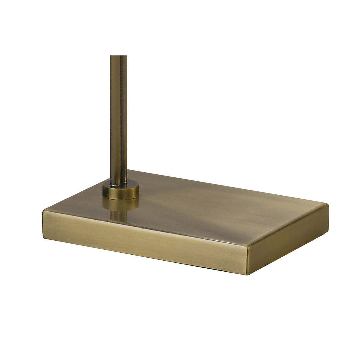 The Ashton 2 Light Crystal Floor Lamp in antique brass features a rectangular base with a vertical rod, showcased against a plain white background.