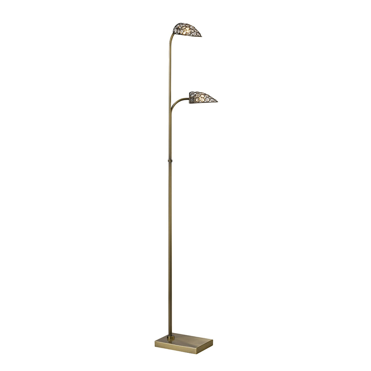 The Ashton 2 Light Crystal Floor Lamp in antique brass features two curved arms with dome-shaped, mosaic-patterned shades for ambient lighting, and a rectangular base.