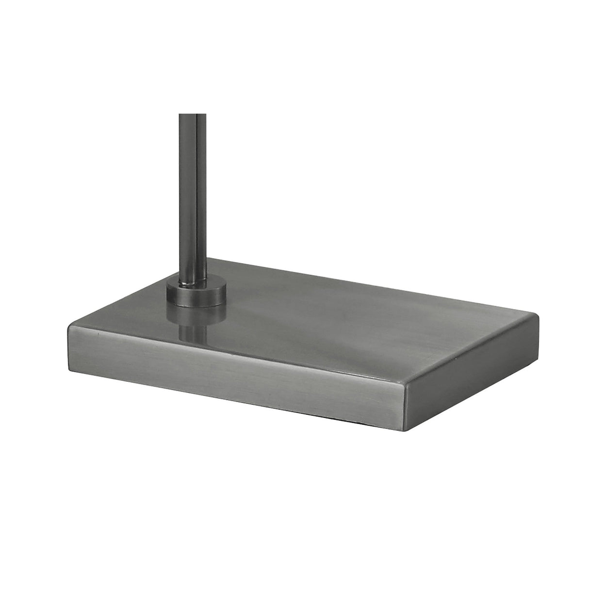 The Ashton 2 Light Crystal Floor Lamp in satin nickel features a rectangular metal base with a brushed finish and a vertical pole attached to the top left corner, shown against a white background.