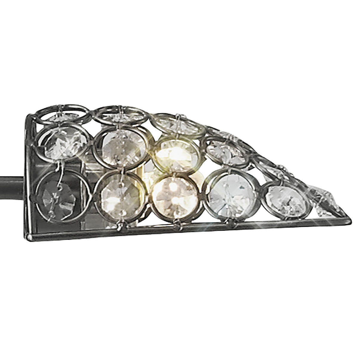 A close-up of the Ashton 2 Light Crystal Floor Lamp in Satin Nickel, featuring a metal frame and large round clear crystal accents, some illuminated for a sparkling effect.