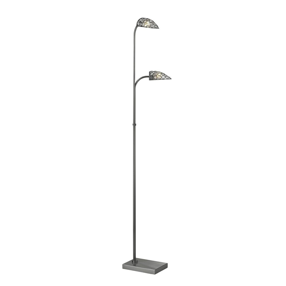 The Ashton 2 Light Crystal Floor Lamp in satin nickel features a rectangular base and two curved arms with semi-circular, mosaic-patterned glass shades. Its minimalist design adds a stylish accent to modern interiors.