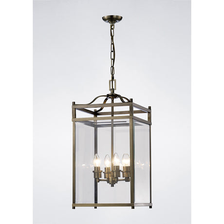 Aston Square 4 Light Lantern Chandelier - Antique Brass