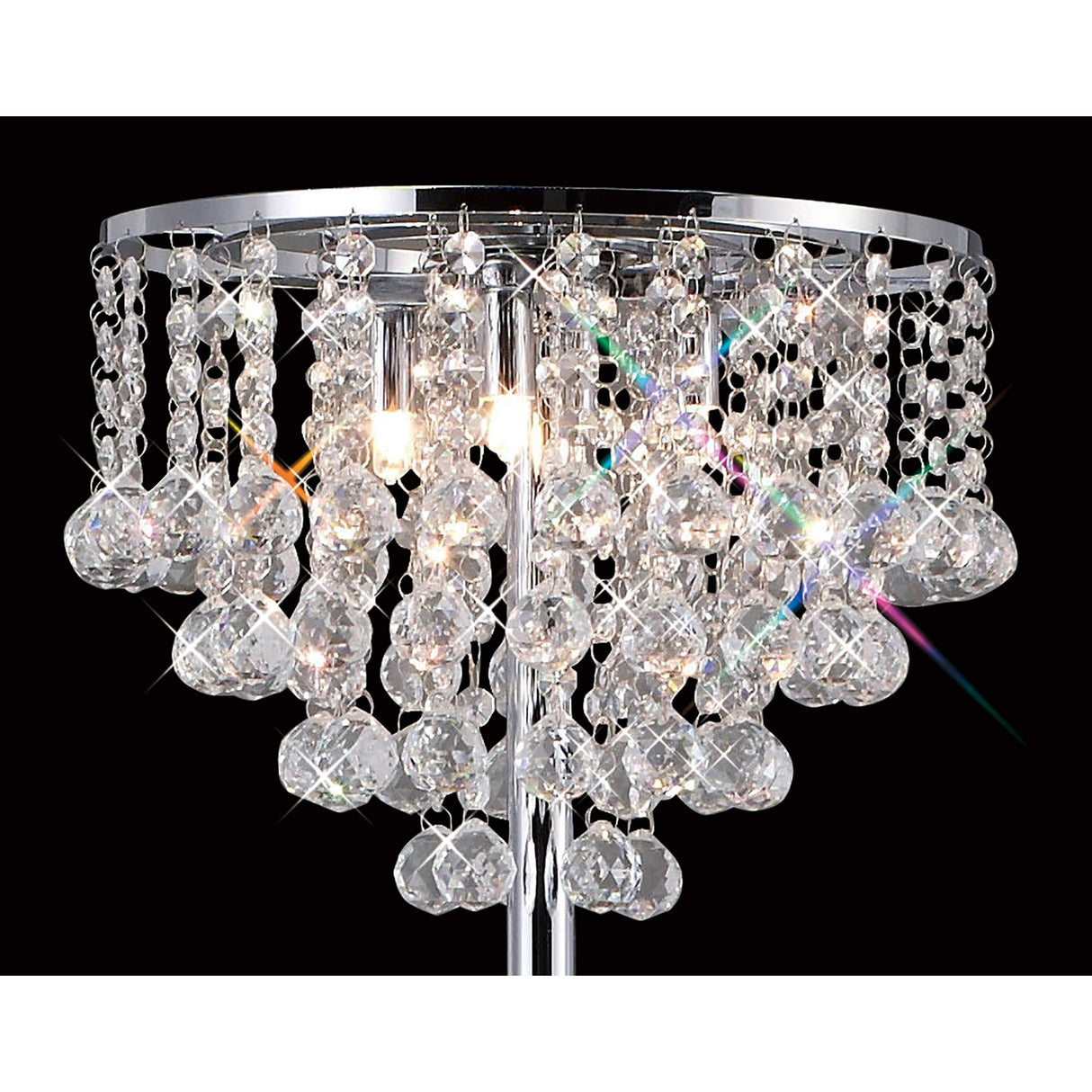 The Atla 4 Light Crystal Floor Lamp in polished chrome features hanging strands of faceted crystal balls and beads that reflect light, creating a sparkling, elegant effect—an eye-catching statement piece for modern interiors.