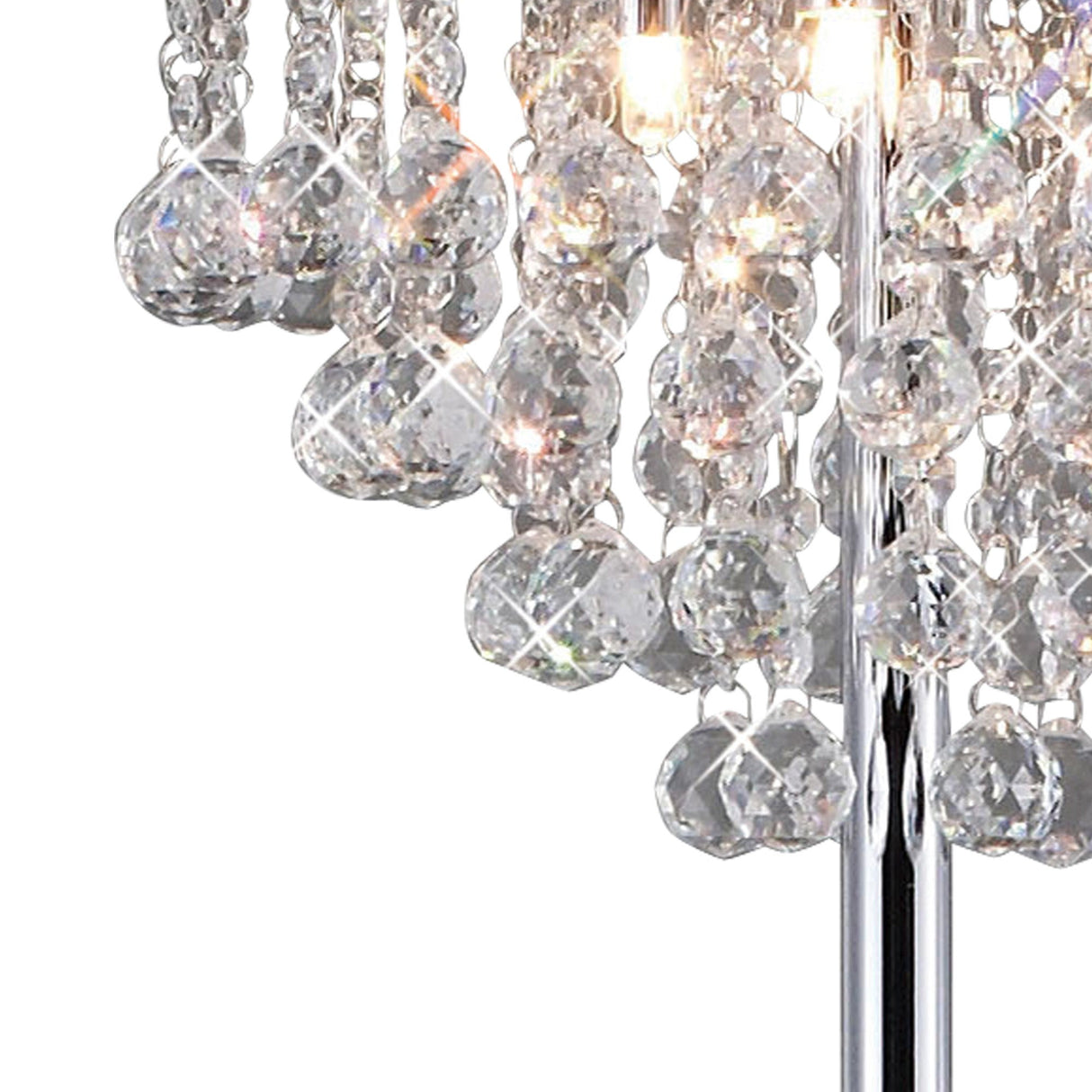 Close-up of the Atla 4 Light Crystal Floor Lamp in polished chrome, featuring hanging crystal beads and droplets that reflect light for a shimmering, elegant look—ideal as a modern lighting accent.