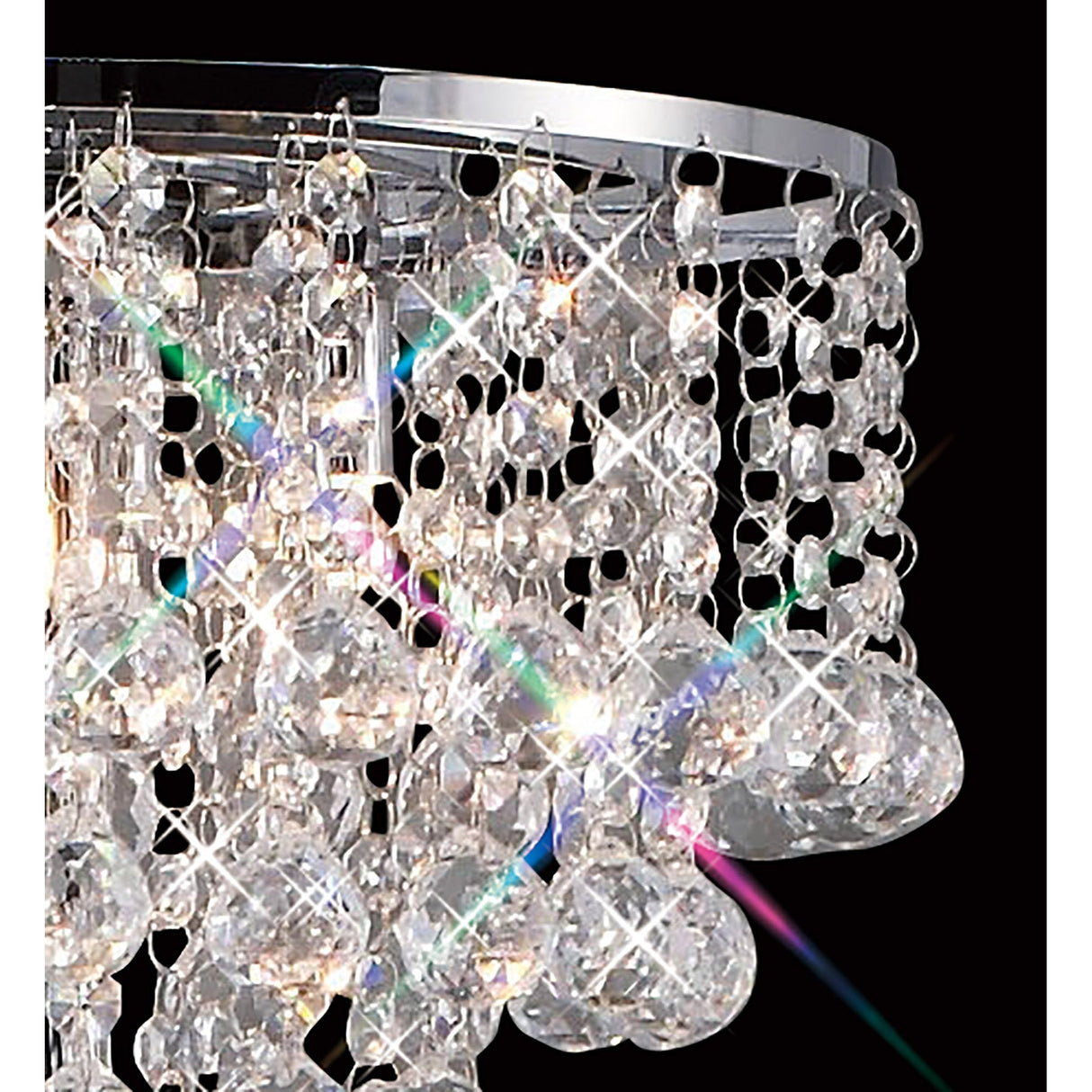 Close-up of the Atla 4 Light Crystal Floor Lamp in polished chrome, featuring hanging clear crystal beads and prisms that reflect light to create colorful rainbow-like sparkles—ideal for modern lighting.