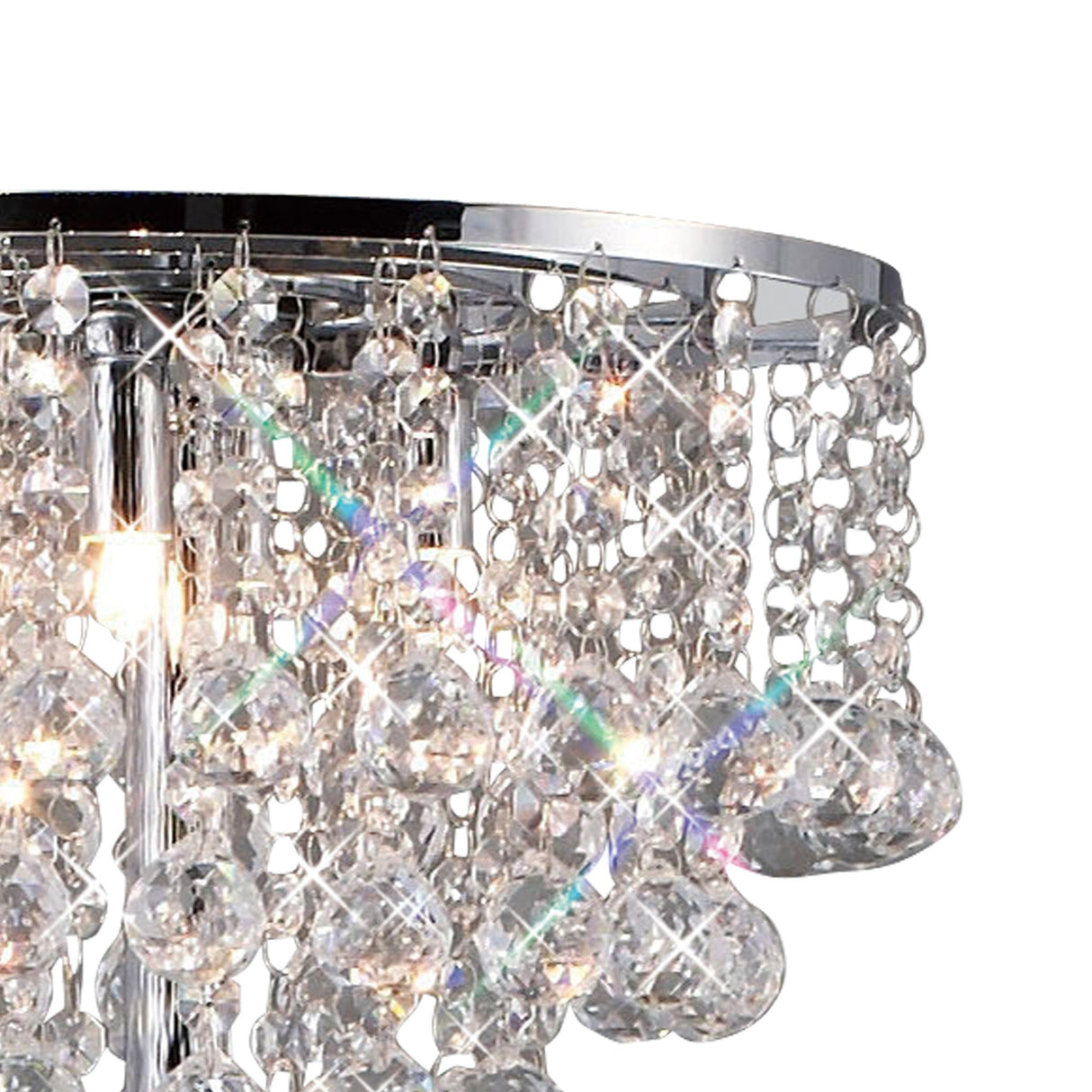 A close-up of the Atla 4 Light Crystal Floor Lamp in polished chrome, featuring faceted crystal drops that reflect light for sparkling rainbow effects—an elegant statement piece for modern interiors.
