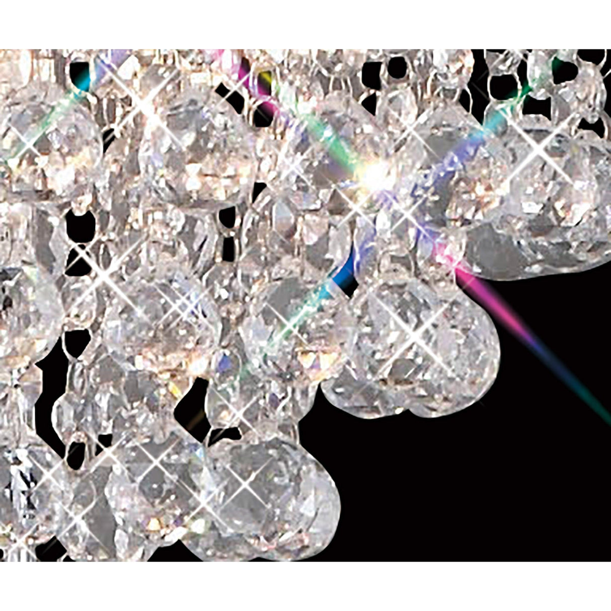 Close-up of the Atla 4 Light Crystal Floor Lamp in polished chrome, showcasing sparkling crystal droplets with bright reflections and star-shaped glares against a black background.