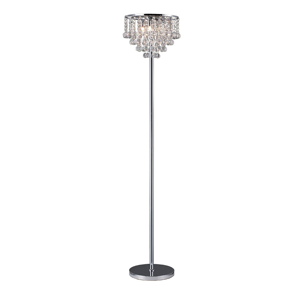 The Atla 4 Light Crystal Floor Lamp in polished chrome features a sleek stand, round base, and a decorative shade adorned with hanging crystal-like droplets—a modern lighting piece for any space.