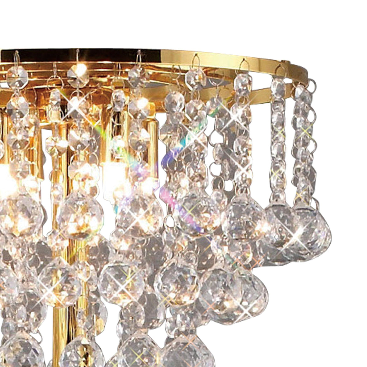 Close-up of the Atla 4 Light Crystal Floor Lamp in French Gold, featuring hanging crystal beads and prisms that reflect light to create sparkling, rainbow-like effects. Ideal for luxury lighting lovers. White background.
