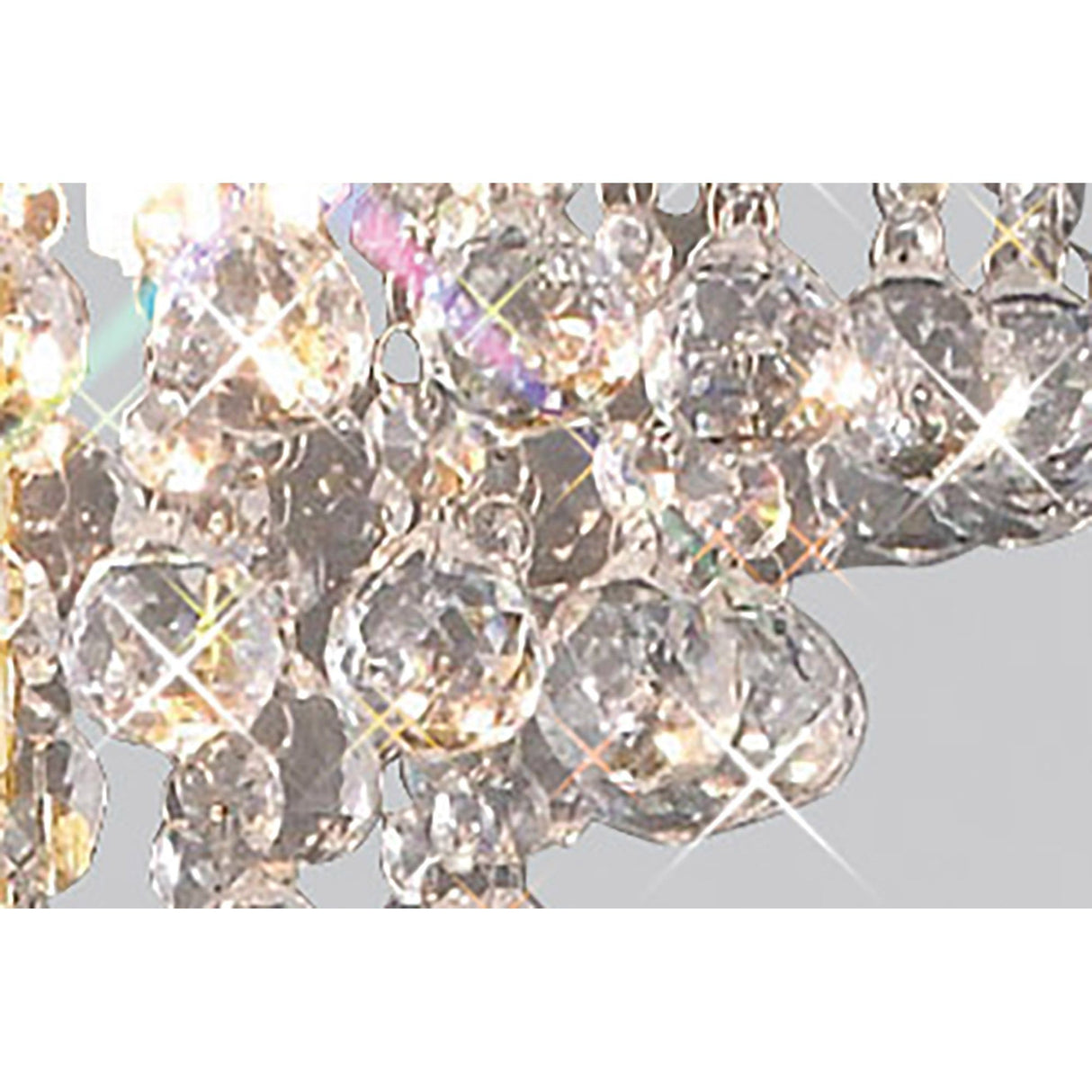 Close-up of the Atla 4 Light Crystal Floor Lamp in French Gold, featuring sparkling crystal prisms that reflect light and create rainbow flares and a shimmering effect against a neutral background.