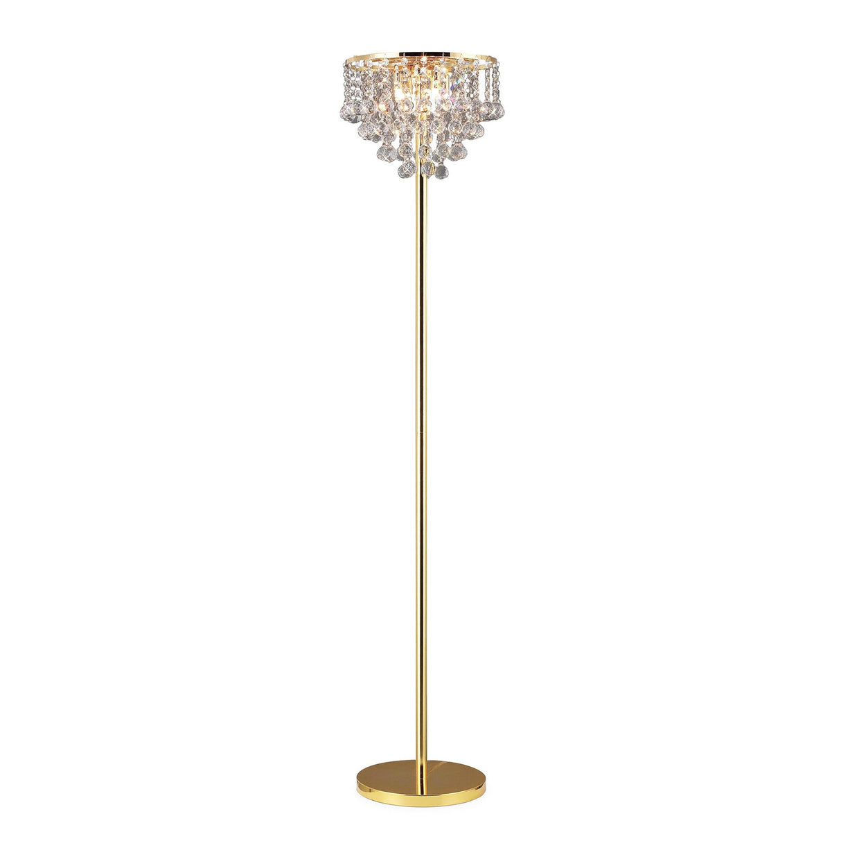 The Atla 4 Light Crystal Floor Lamp in French Gold features a tall metal base and pole, plus a chandelier-style shade with hanging crystal-like droplets for luxurious lighting.