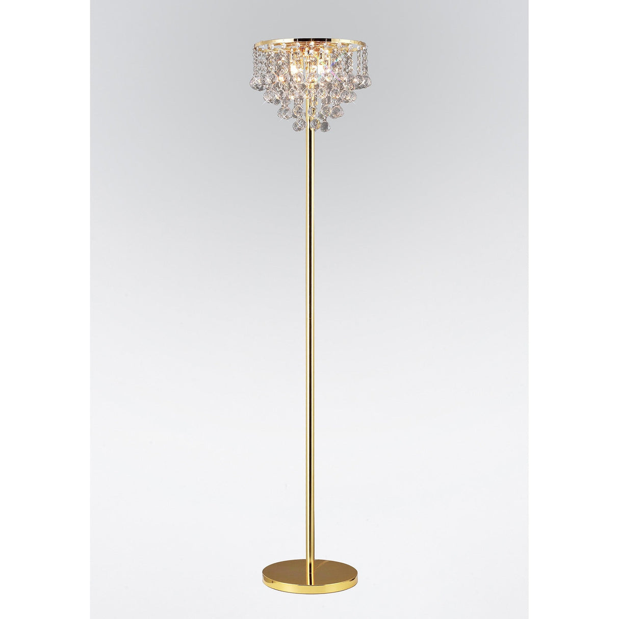 The Atla 4 Light Crystal Floor Lamp in French Gold features a slim pole, round base, and a chandelier-style shade adorned with hanging clear crystal-like accents for an elegant, luxurious lighting touch.