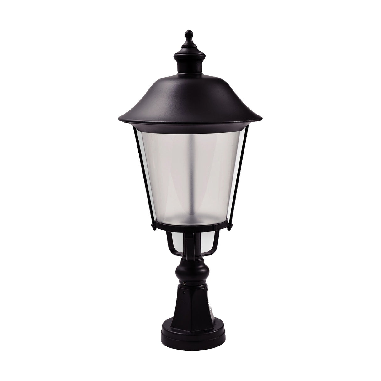 Casement Cast Aluminium Outdoor Bollard Light in black, 58cm pedestal design with domed roof and clear glazed lantern, shown on a plain white background.