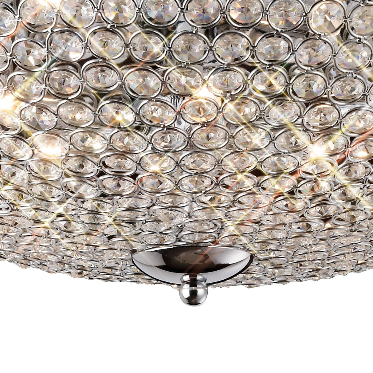 Close-up of the Diyas Ava 6 light crystal flush ceiling light showing the polished chrome dome set with faceted clear crystals and illuminated G9 bulbs.