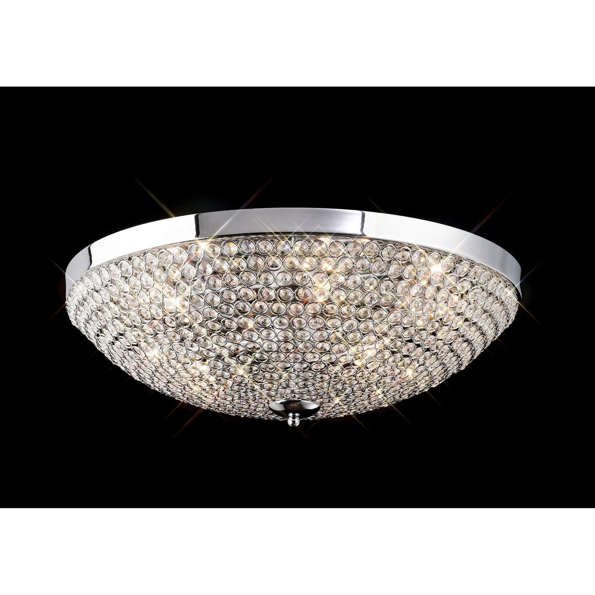 Diyas Ava 6 light flush ceiling light with polished chrome frame and hemispherical dome of faceted clear crystals, shown on a black background.