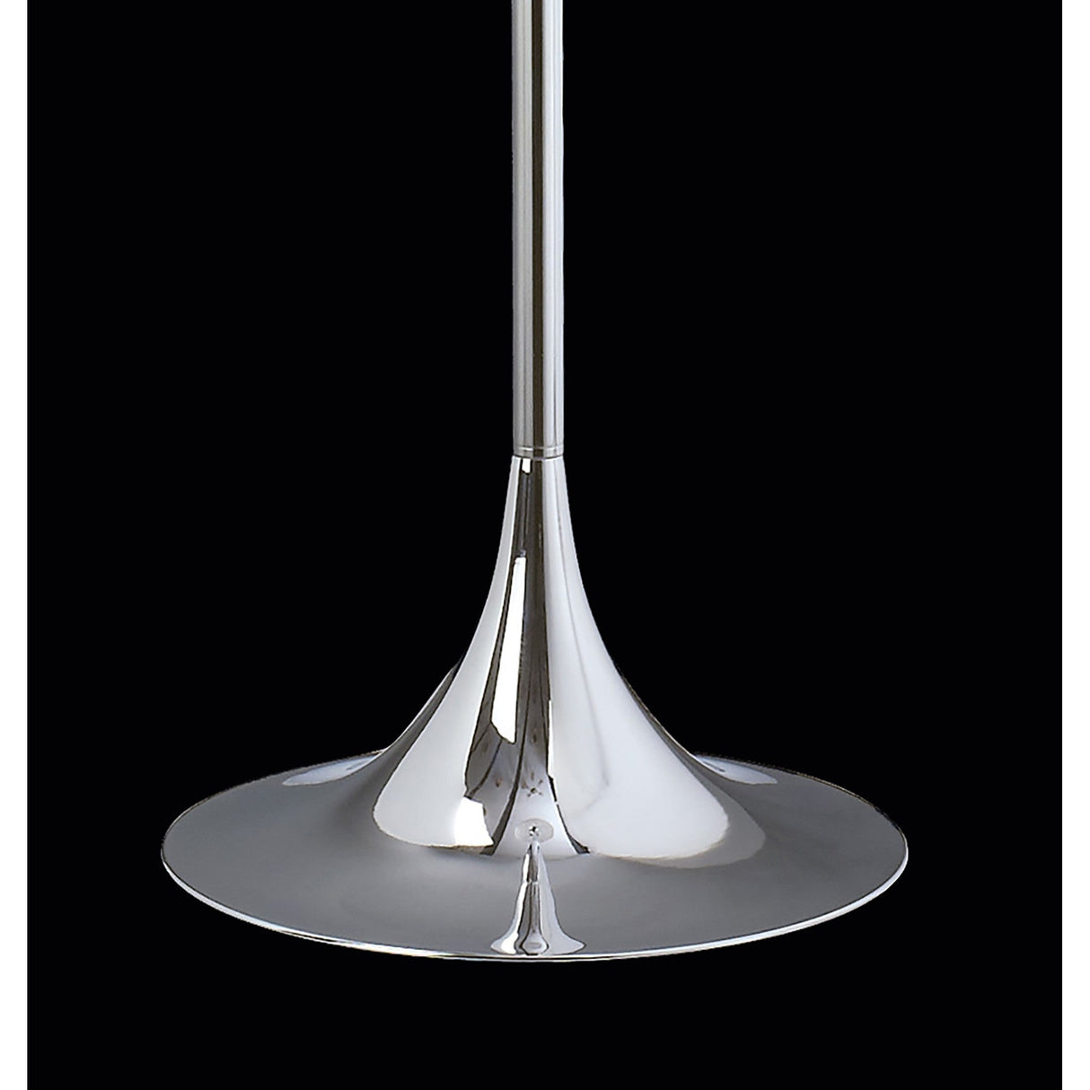 A close-up of the Ava 5 Light Crystal Floor Lamp’s polished chrome, flared base set against a black background highlights its sleek, contemporary design—an elegant lighting piece for modern interiors.