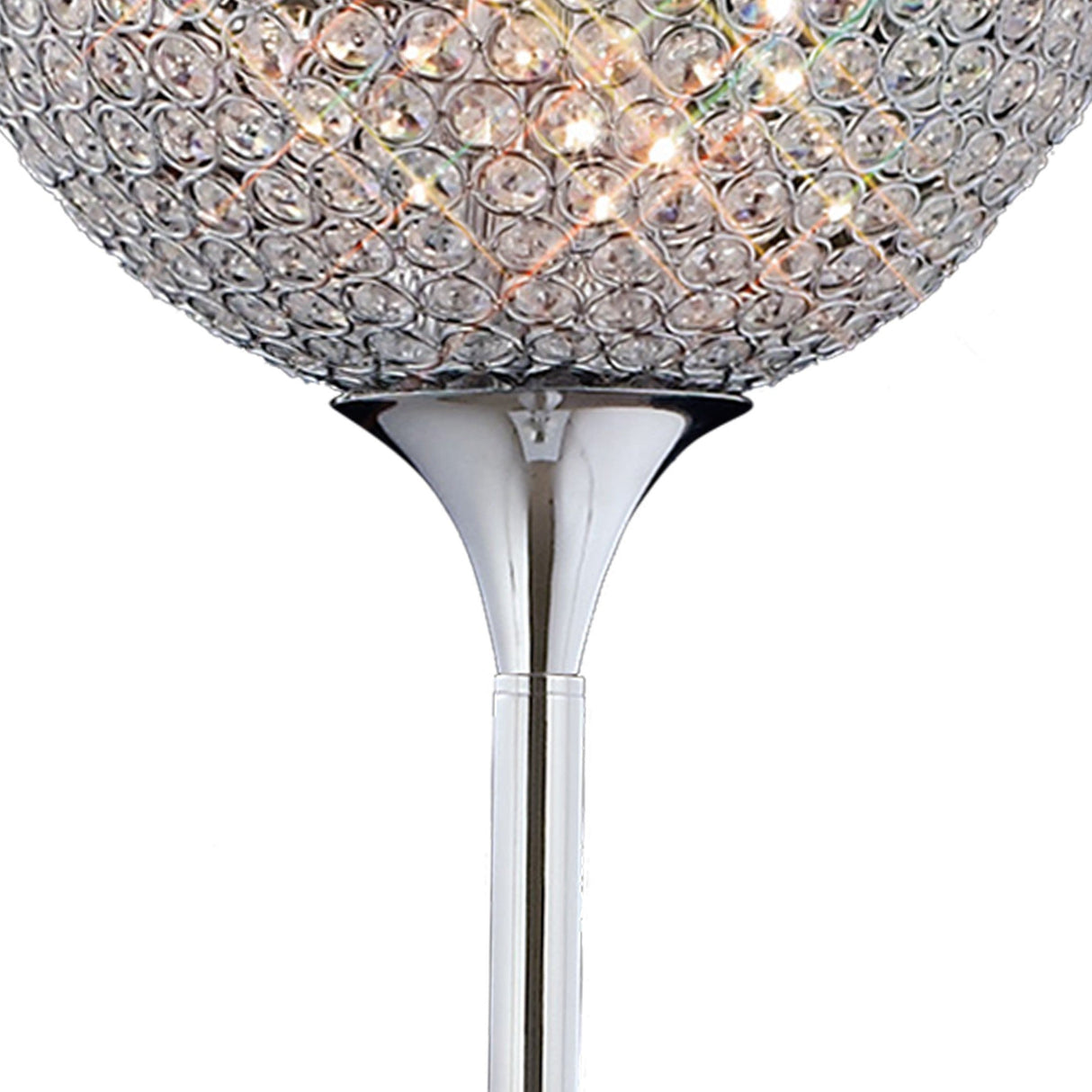 The Ava 5 Light Crystal Floor Lamp features a polished chrome base and a globe shade with sparkling faceted crystals, ideal for adding contemporary elegance and brilliant light to any space.