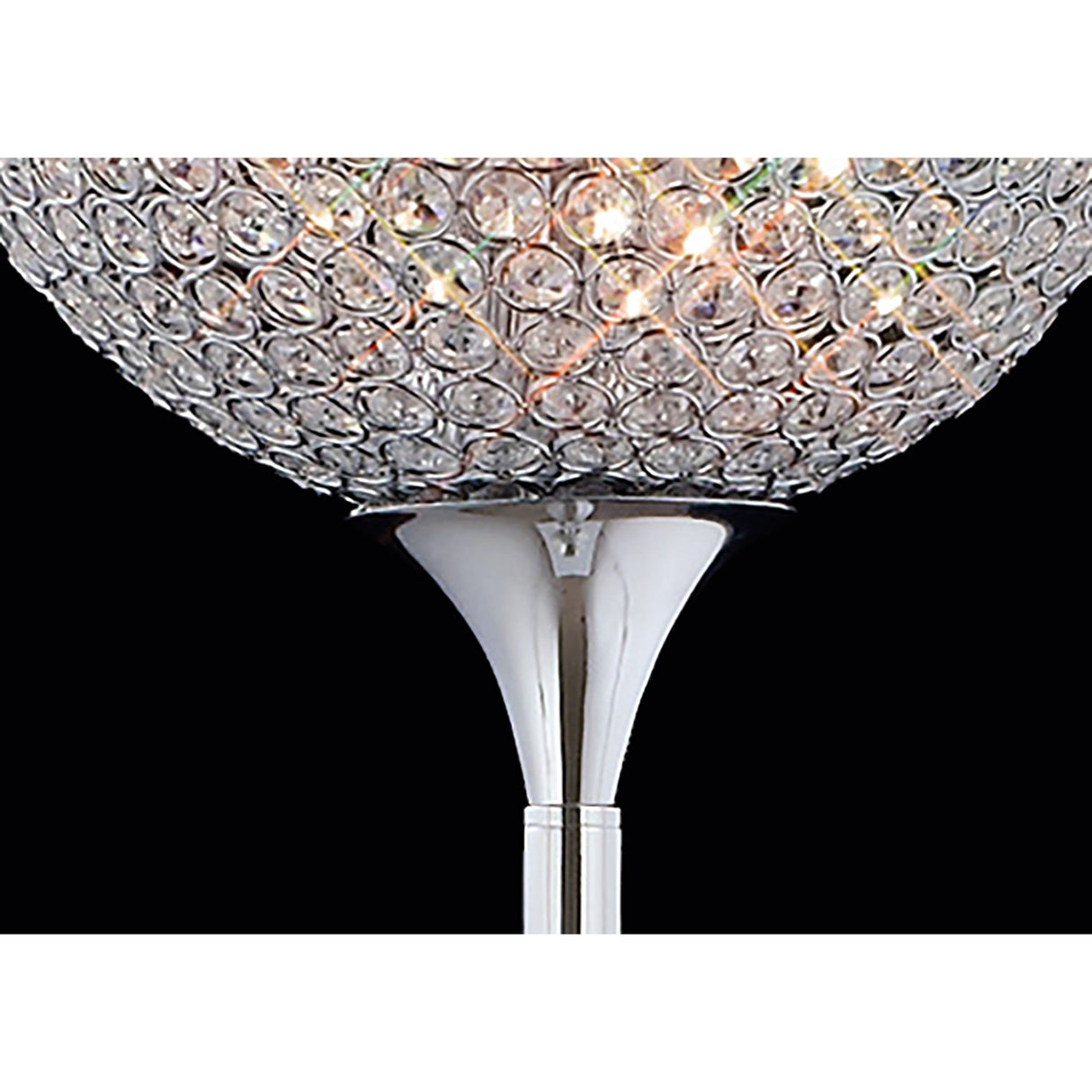 A close-up of the Ava 5 Light Crystal Floor Lamp featuring a bowl-shaped shade with sparkling crystal gems and polished chrome accents, beautifully reflecting light against a black background.