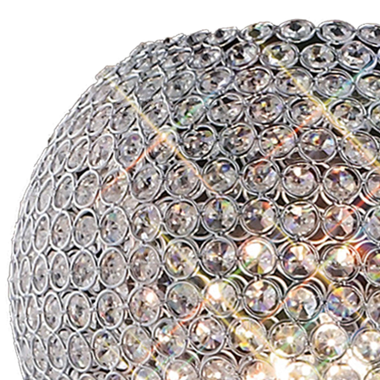 Close-up of the Ava 5 Light Crystal Floor Lamp in polished chrome, featuring a spherical design adorned with faceted crystals that reflect light and create a shimmering, rainbow-like effect—an elegant piece of contemporary lighting.