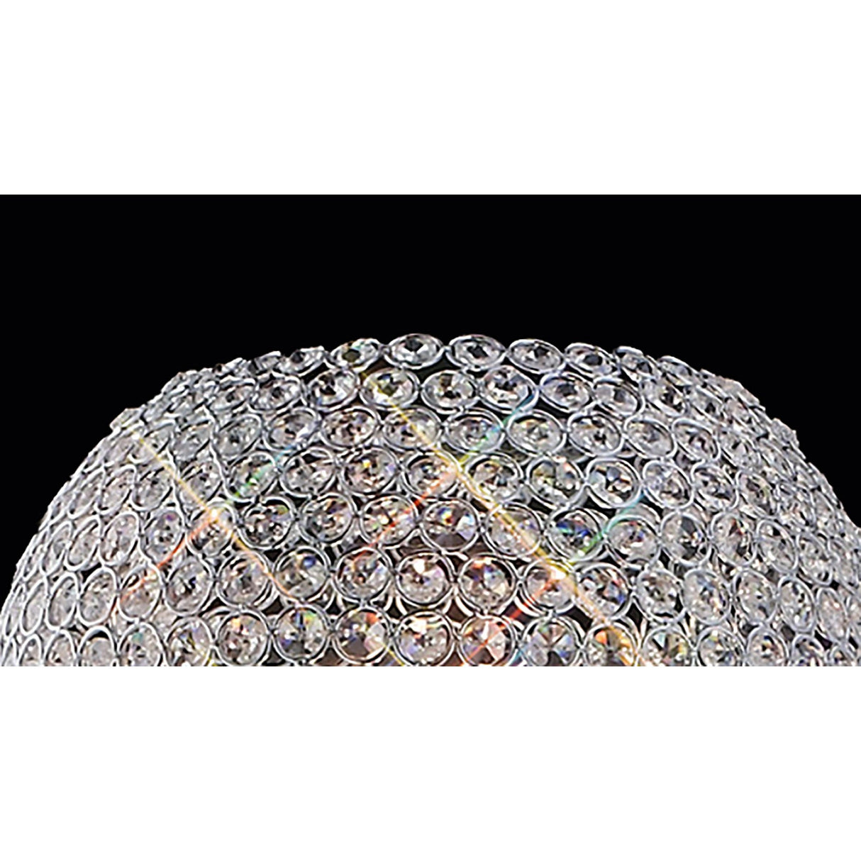 Close-up of the Ava 5 Light Crystal Floor Lamp in polished chrome, featuring a dome-shaped surface adorned with rows of clear crystal gems that reflect light beautifully against a solid black background—a striking contemporary lighting piece.