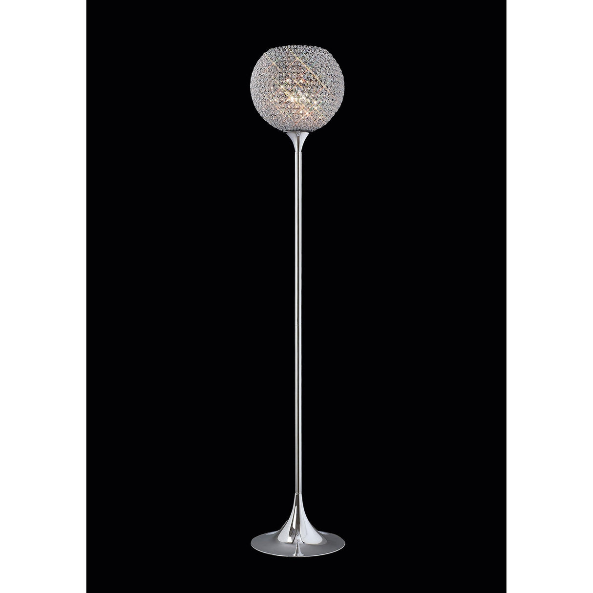 The Ava 5 Light Crystal Floor Lamp features a tall, slender polished chrome stand and a spherical crystal shade, making it perfect for contemporary lighting.