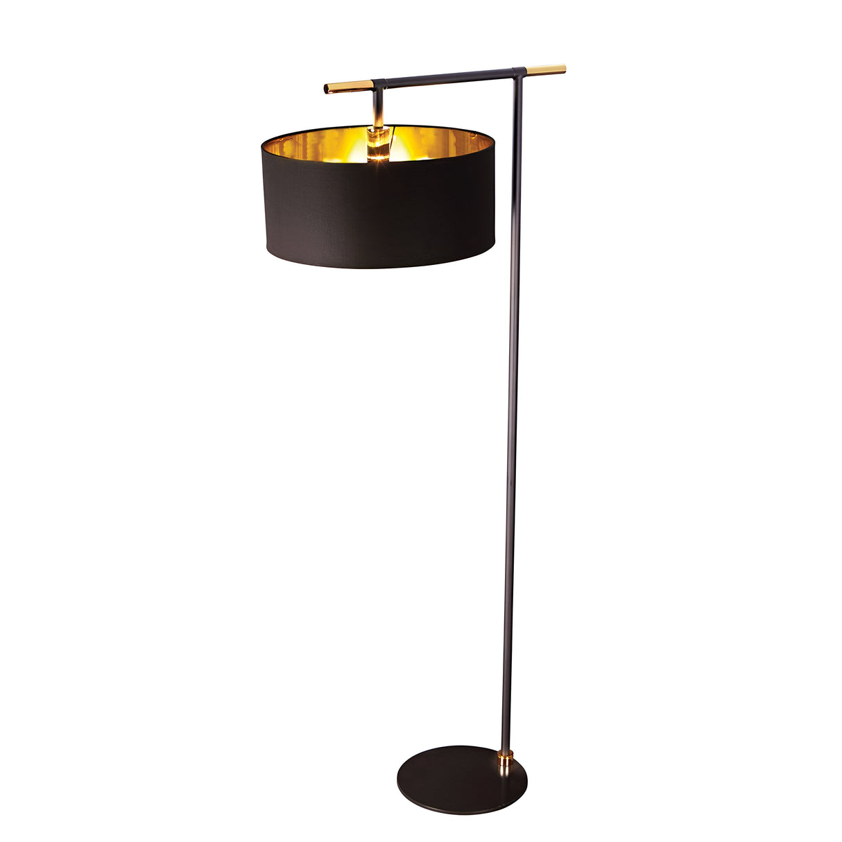 The Balance Floor Lamp - Black/Polished Brass showcases a sophisticated black and polished brass finish. It includes a cylindrical shade with a golden interior, supported by a slender vertical stand. The lamp is equipped with a horizontal arm extending from the top, providing modern design that radiates contemporary elegance.