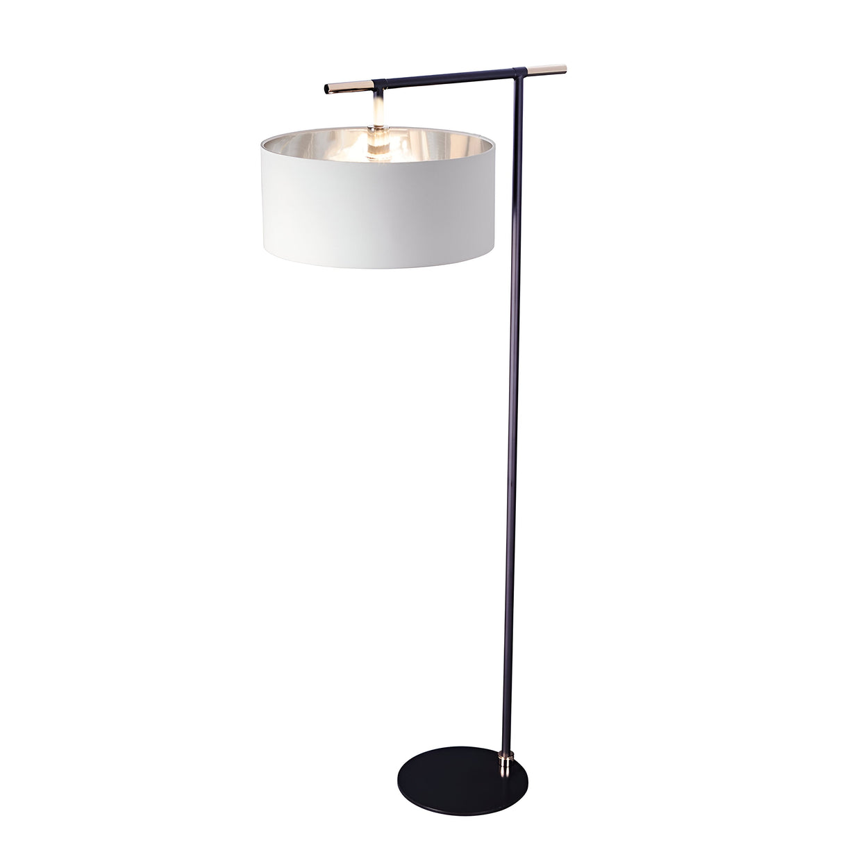The Balance Floor Lamp - Black/Polished Nickel is a perfect addition to modern decor, featuring a sleek black stand and a horizontal arm that supports a large, white cylindrical lampshade. Its round, flat base enhances the minimalistic design while offering energy-efficient lighting for any space.