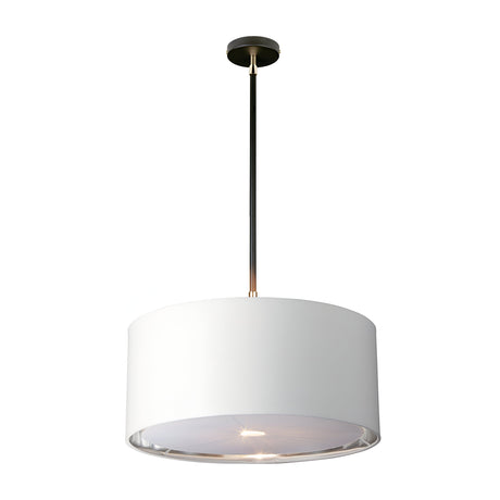 The Balance Pendant Light - Black/Polished Nickel features a sleek, cylindrical white lampshade suspended from a dark metal rod and ceiling mount. Its LED lamp casts a gentle glow from the bottom of the shade, with polished nickel accents contrasting elegantly against the plain white background.