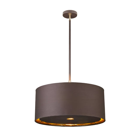The Balance Pendant Light - Brown/Polished Brass showcases a contemporary pendant with a brown cylindrical shade elegantly suspended from the ceiling. Its polished brass interior and exposed bulb reflect a sleek, minimalist design. With energy-efficient lighting, this fixture offers sophistication while conserving power.