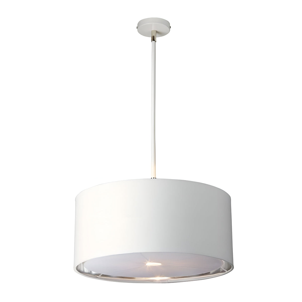 The Balance Pendant Light - White/Polished Nickel is a contemporary fixture featuring a cylindrical shade in a crisp white finish. It elegantly hangs from the ceiling, offering energy-efficient lighting with its gentle downward illumination. The minimalist design is highlighted by a polished nickel stem that seamlessly connects to the ceiling mount.