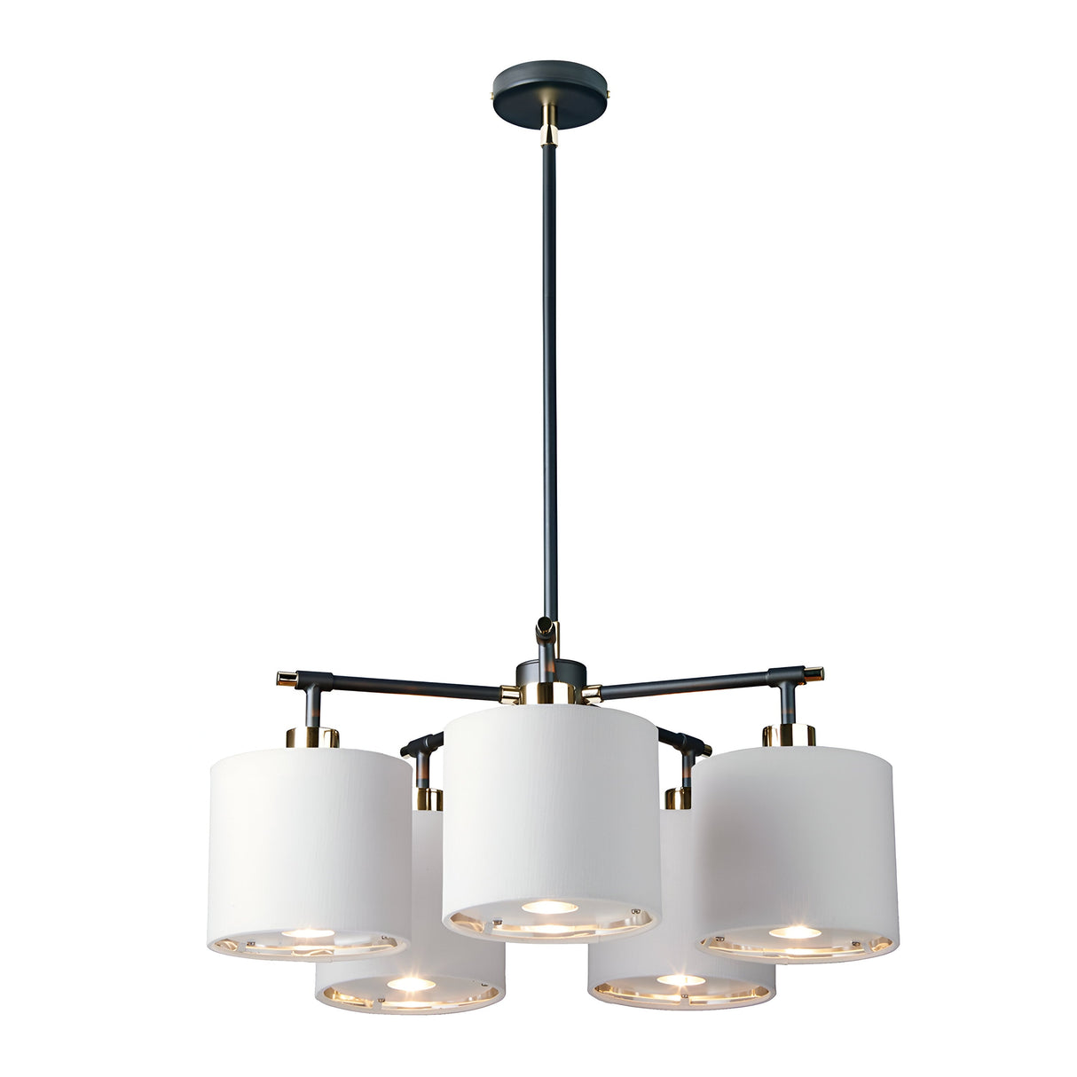 The Balance 5 Light Chandelier - Black/Polished Nickel boasts a sleek and contemporary design with a black and polished nickel frame. It features five cylindrical white lampshades, each containing an energy-efficient light, and is elegantly suspended from the ceiling by a single rod.
