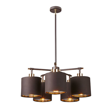 Introducing the Balance 5 Light Chandelier - Brown/Polished Brass, featuring five cylindrical black fabric shades and warm glowing, energy-efficient light bulbs. This modern design is suspended elegantly from a central rod with a polished brass finish, blending sophistication with sustainability.