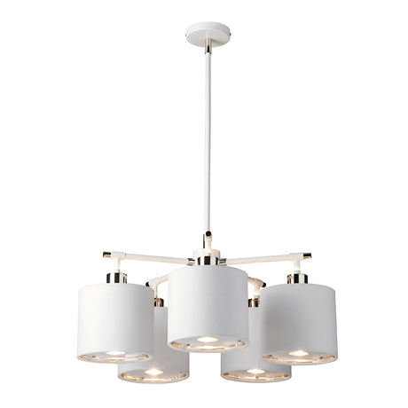 Introducing the Balance 5 Light Chandelier in White/Polished Nickel, a masterpiece of modern aesthetics. This energy-efficient lighting solution features five symmetrically arranged cylindrical lampshades, elegantly suspended by a central rod for a sleek and minimalist design.