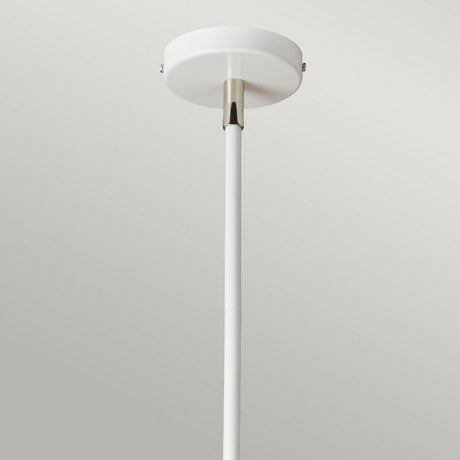 Close-up view of the Balance 5 Light Chandelier - White/Polished Nickel, highlighting a ceiling rod fixture with a metallic accent against a plain gray background. The modern design elegantly blends style with energy-efficient lighting.
