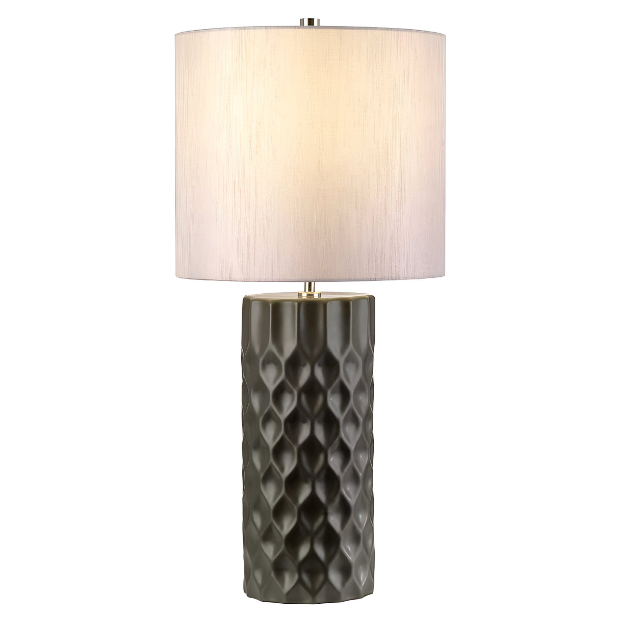 A contemporary table lamp with a graphite ceramic base and a cylindrical silver faux silk lampshade.