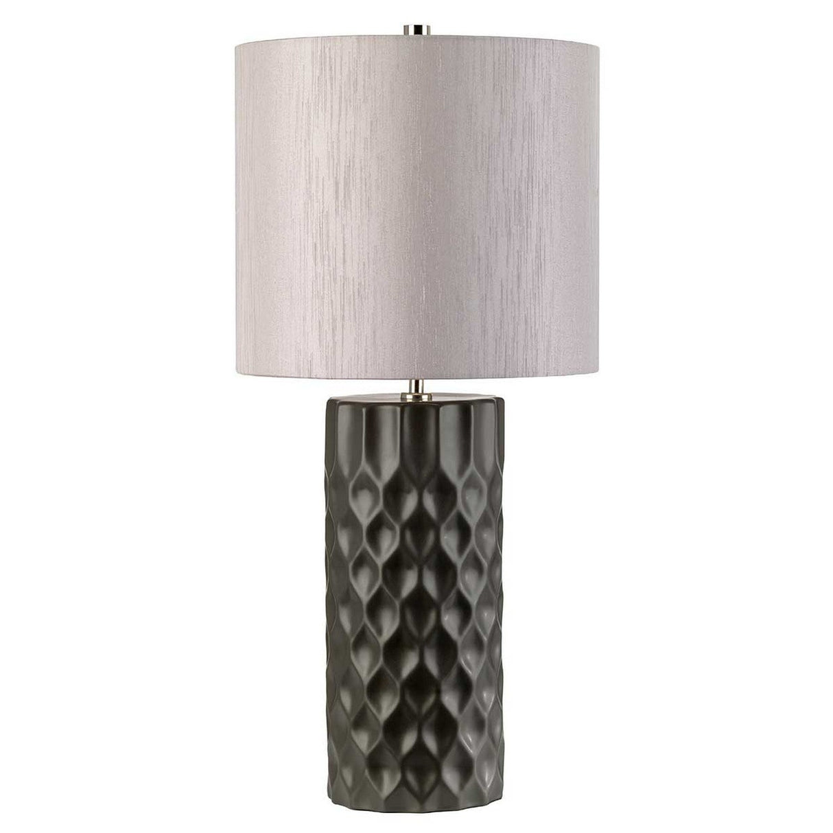 The Barbican 1 Light Table Lamp features a textured dark graphite ceramic base and a light silver fabric drum shade, offering a modern and elegant design that adds sophistication to any room.