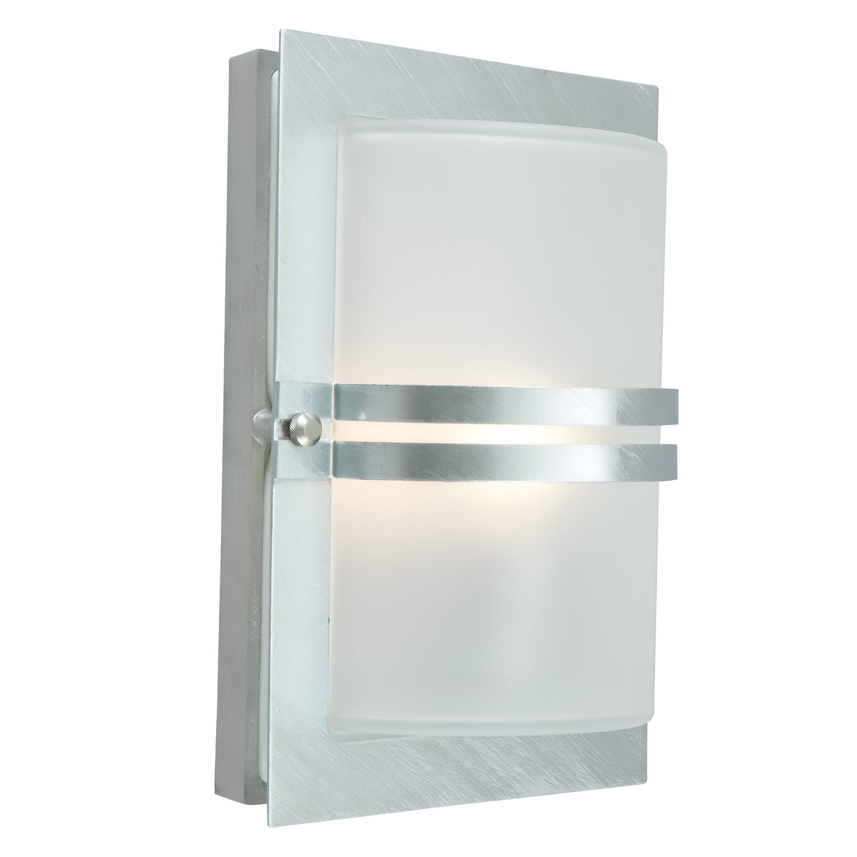 Introducing the Basel Outdoor 1 Light Wall Lantern in Silver, featuring a modern design with a brushed metal frame and frosted glass shade. This stylish fixture boasts an IP54 rating for durability, and is elegantly accented by two horizontal metal bands encircling the glass.