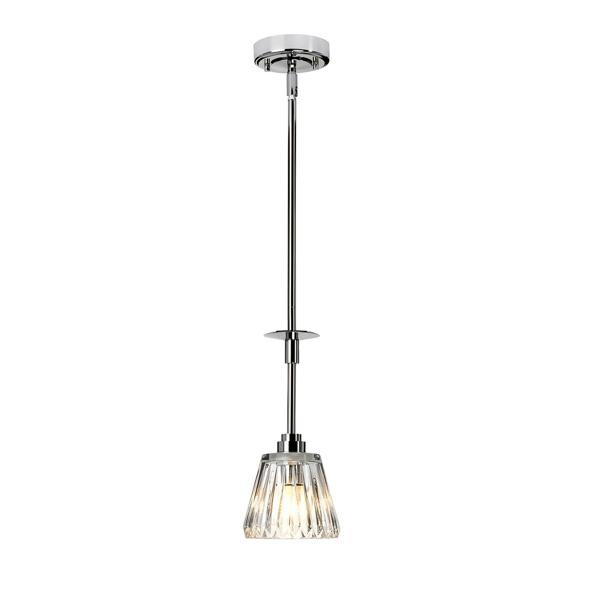 Introducing the Agatha 1 Light Pendant in Polished Chrome, featuring a sleek, fluted glass shade. This contemporary fixture is designed to be suspended from the ceiling, making it an ideal choice for kitchens, dining areas, or as sophisticated bathroom lighting.