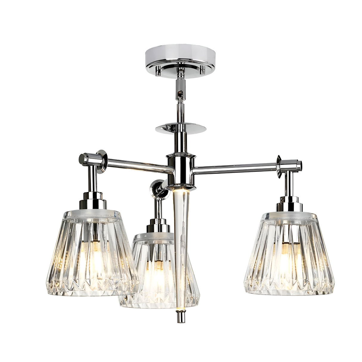 The Agatha 3 Light Pendant - Polished Chrome showcases a sleek, modern design with a polished chrome finish and three clear glass shades arranged in a triangular formation. The shades encase warm glowing bulbs, offering an elegant and contemporary style ideal for any sophisticated space.