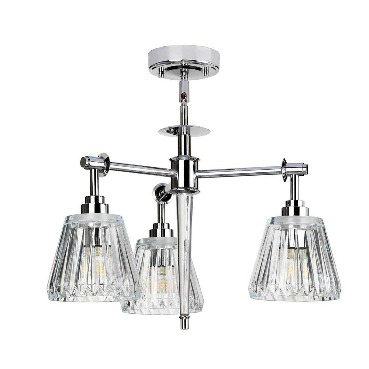 The Agatha 3 Light Pendant - Polished Chrome exudes elegance with its clear, fluted glass shades. This contemporary design includes a central rod and angular arms, each holding a bulb encased in a cone-shaped glass shade for a refined and sophisticated appearance.
