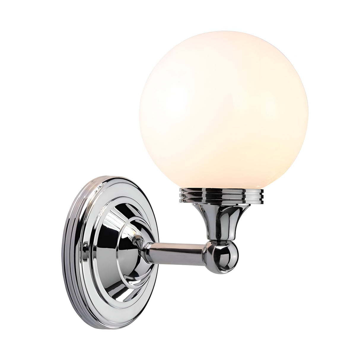The Austen-3 Wall Light - Polished Chrome features a sleek and modern design, complete with a round, frosted white glass globe shade. Its reflective finish on the metal components adds an element of enhanced elegance.