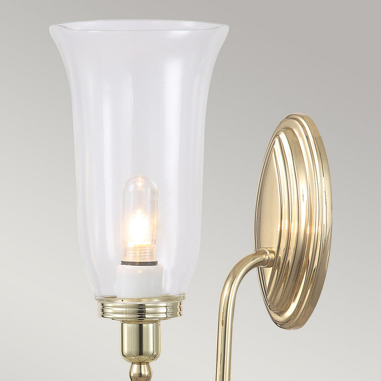 The Blake Wall Light - Polished Brass is a breathtaking brass wall sconce with a polished brass finish, featuring a clear glass tulip-shaped shade. It incorporates an LED G9 lamp, supported by a sleek brass arm and ribbed, round wall mount for an elegant touch.