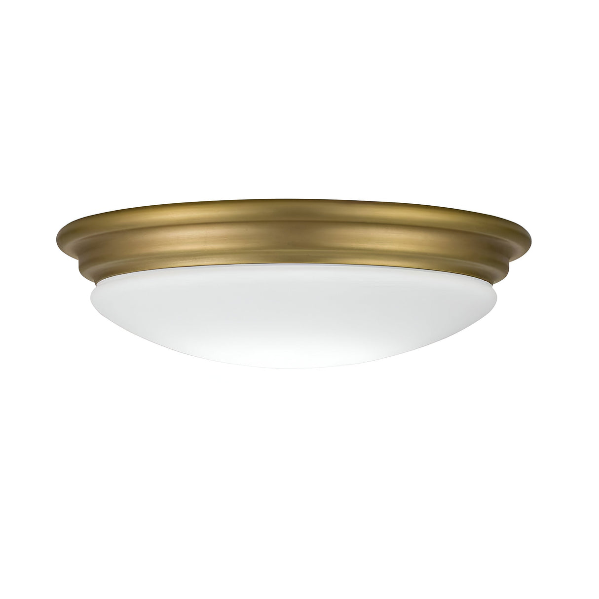 The Brompton Flush Light in brushed brass showcases a round design with a white frosted glass shade, offering a subtle touch of Art Deco elegance.